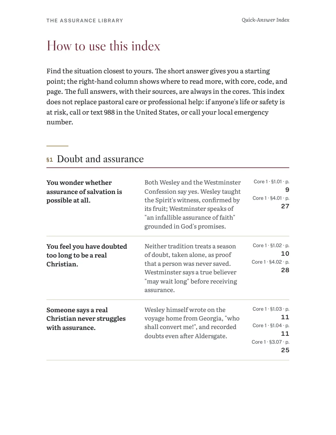 Page from the Quick-Answer Index with situations, answers, and pages