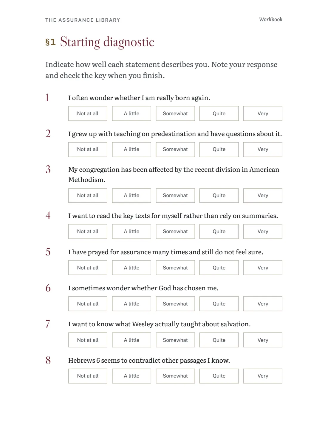 Page from the workbook with the starting diagnostic